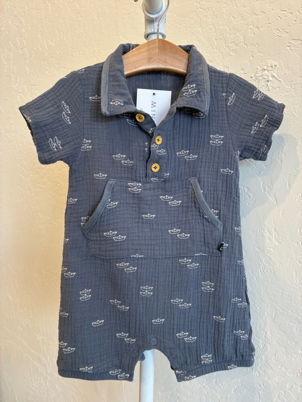 deux par deux Navy Blue Cotton Baby Romper with White Boat Print
